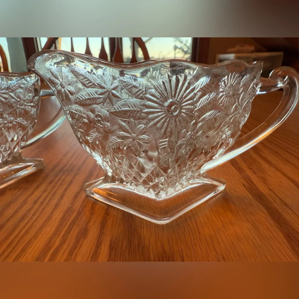 Vintage Indiana Glass Pineapple & Floral Diamond Shaped Creamer & Sugar Bowl